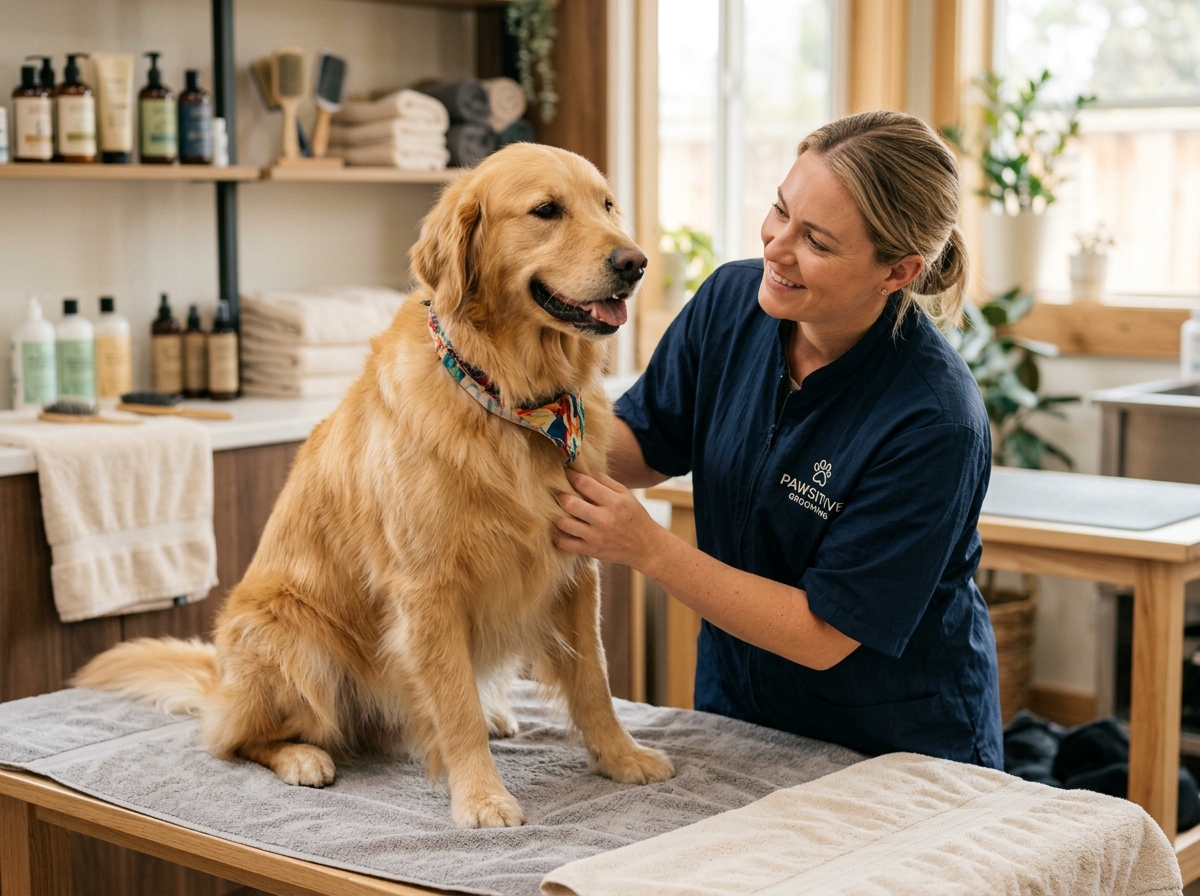Professional groomer carefully inspecting dog coat for ticks and fleas