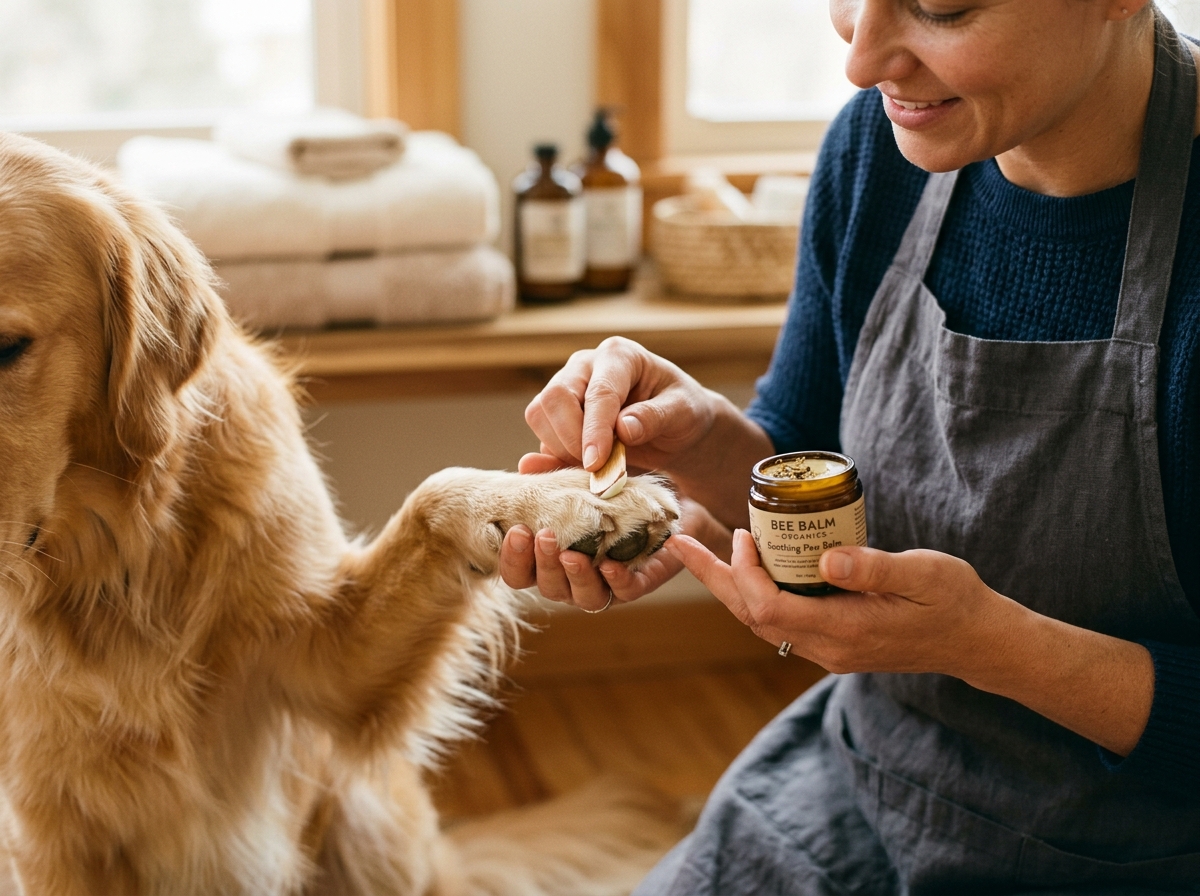 Gentle dog paw pad inspection and moisturizing balm application