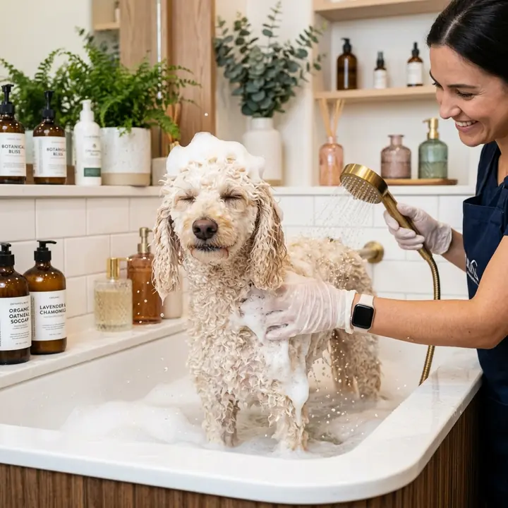 Dog receiving soothing hydro-massage bath and coat conditioning treatment